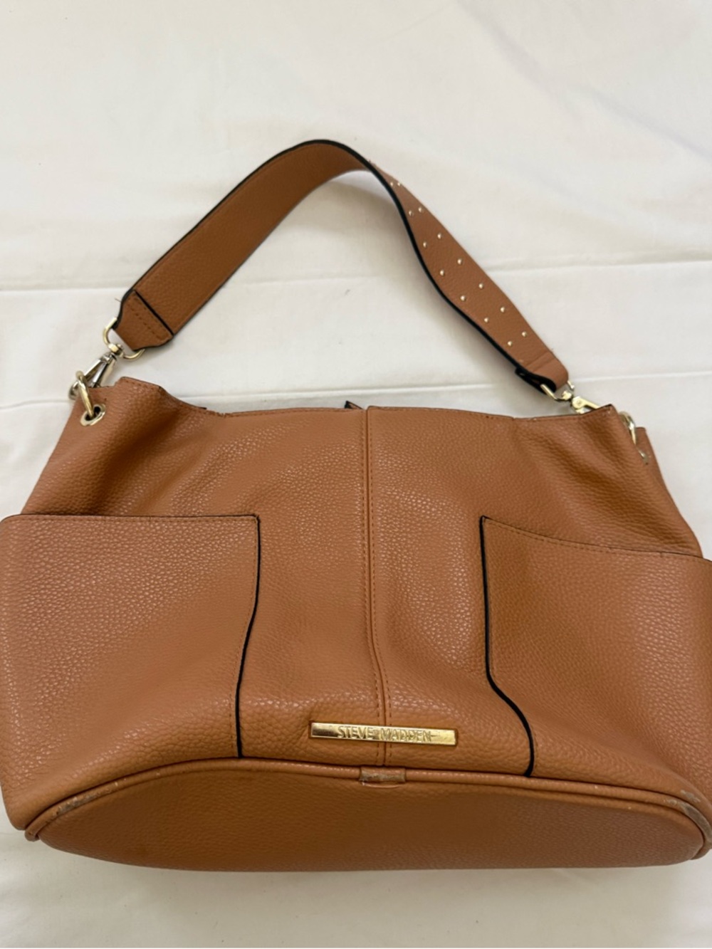 Steve Madden Cognac Pebbled Leather Shoulder Bag with Studded Strap